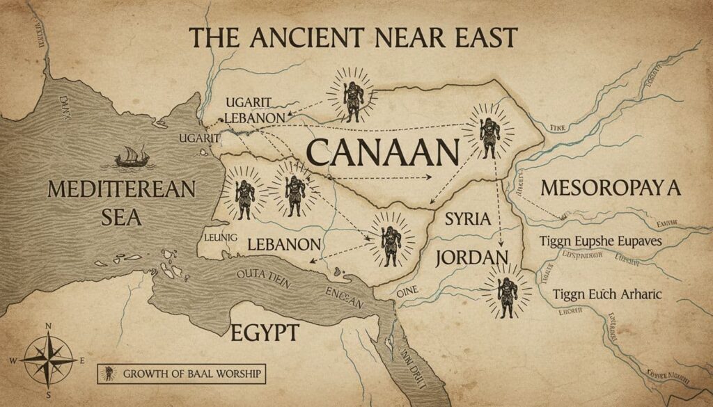 This historical map shows the growth and spread of Baal worship in the ancient Near East, focusing on Canaan, which corresponds to modern Lebanon, Syria, Israel, and Jordan.