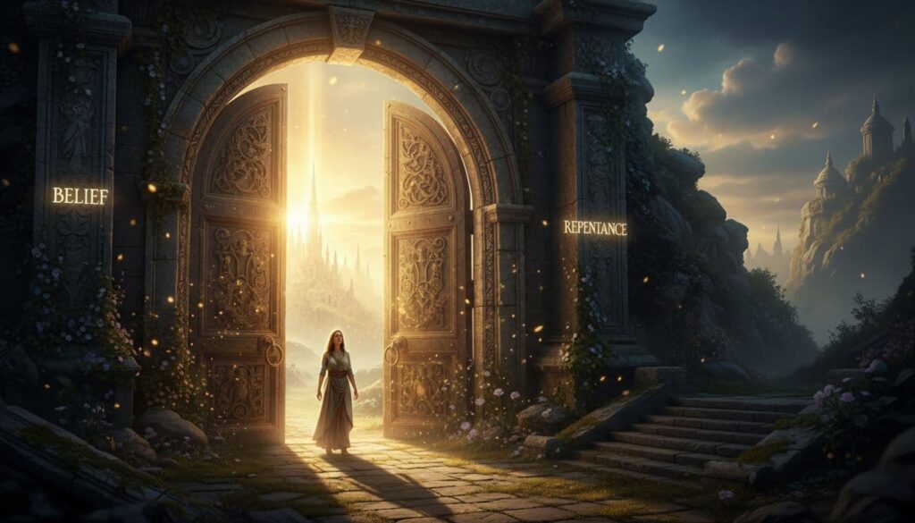 A symbolic illustration showing a person stepping through a glowing door representing the Kingdom of God, embodying the concepts of belief and repentance as the path to salvation.