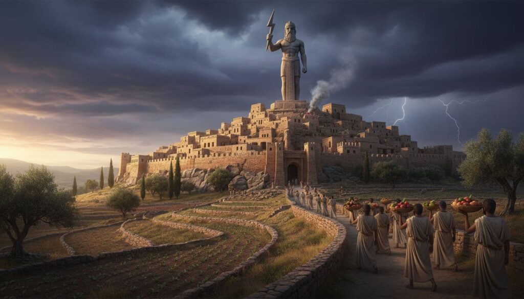 Photo-realistic scene of a Canaanite hillside city featuring a stone Baal statue holding a thunderbolt, storm clouds over terraced fields, and ancient people bringing offerings in warm evening light.