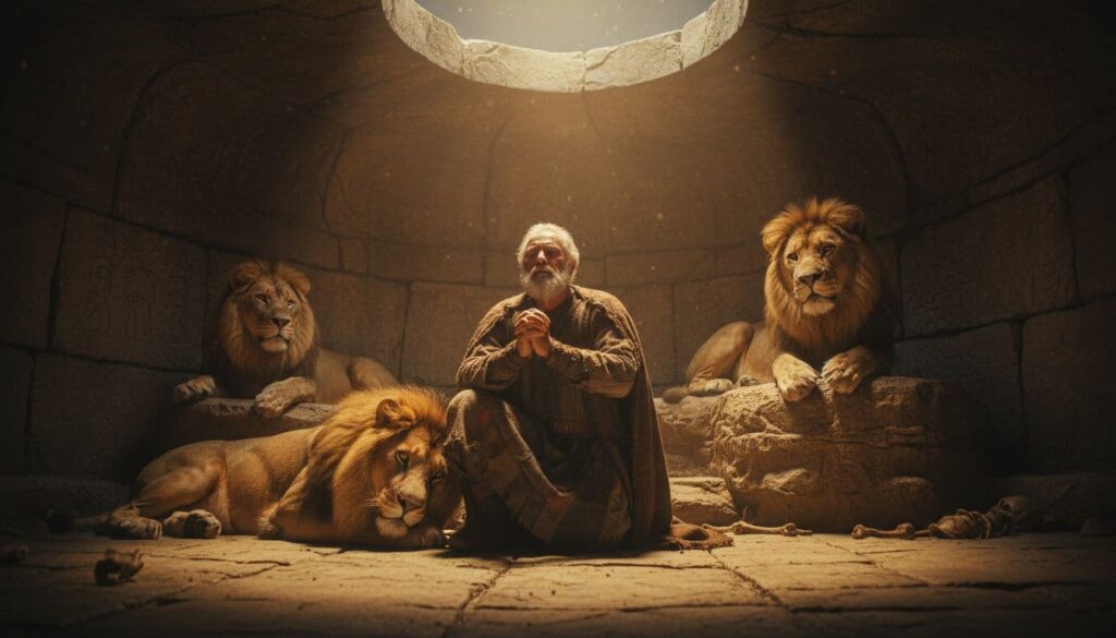 Daniel in the lions' den (Daniel 6) prays faithfully despite the risk to his life, showing steady reliability like prophets such as Samuel whose words never fell to the ground.