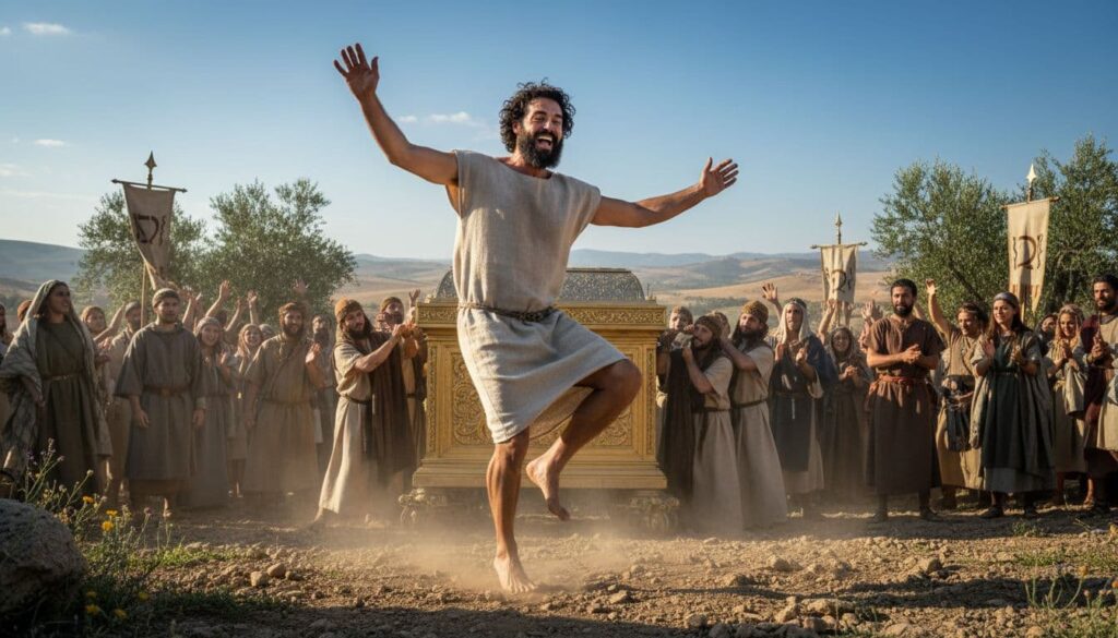 Depiction of King David dancing with all his might before the Ark of the Covenant, illustrating Spirit-filled joy rooted in God from 2 Samuel 6:14-16.