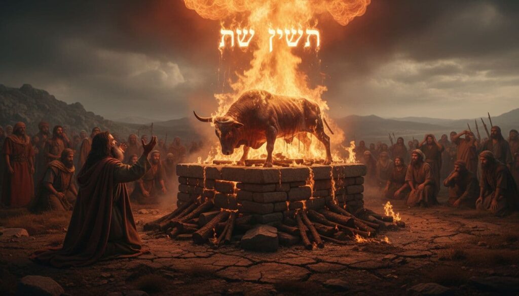 Elijah rebuilds the Lord's altar, soaks the sacrifice with water, prays a short prayer, and fire falls from heaven, consuming the bull, wood, stones, dust, and water.