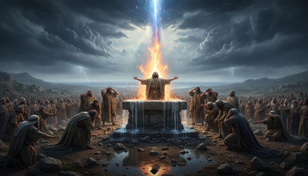 Photo-realistic scene of Elijah standing before a water-soaked stone altar on Mount Carmel as fire falls from heaven, prophets of Baal watch in fear, storm clouds break, and an ancient Israelite crowd observes on the rocky plateau.