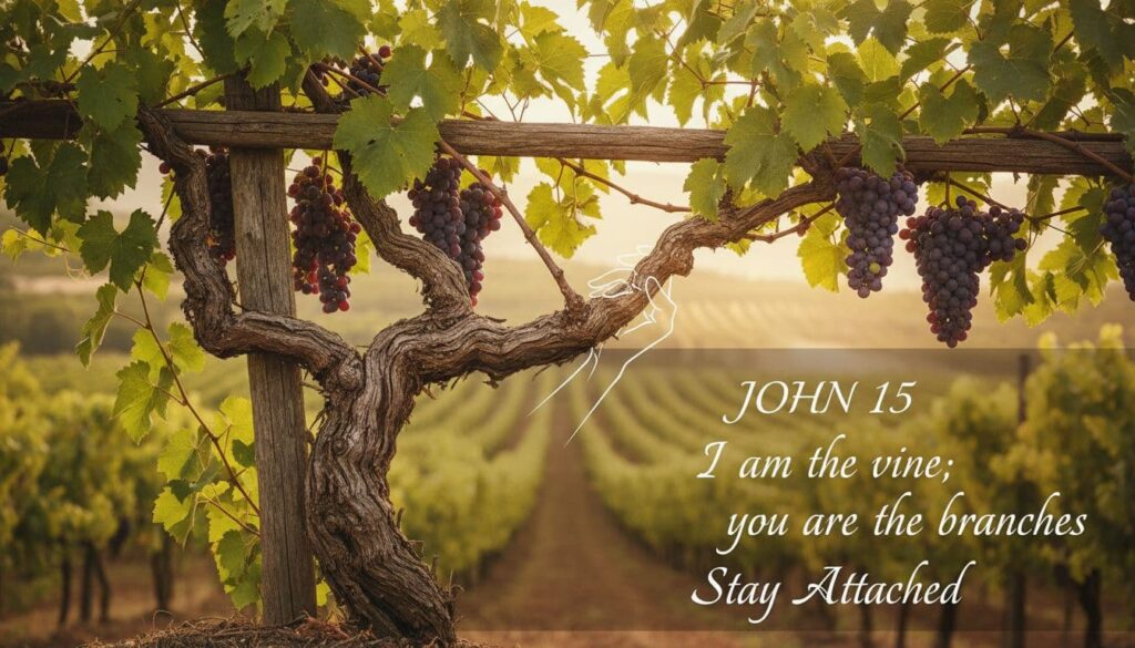 In John 15, Jesus calls Himself the vine and us the branches. Our job is not to strain out grapes; our job is to stay attached.