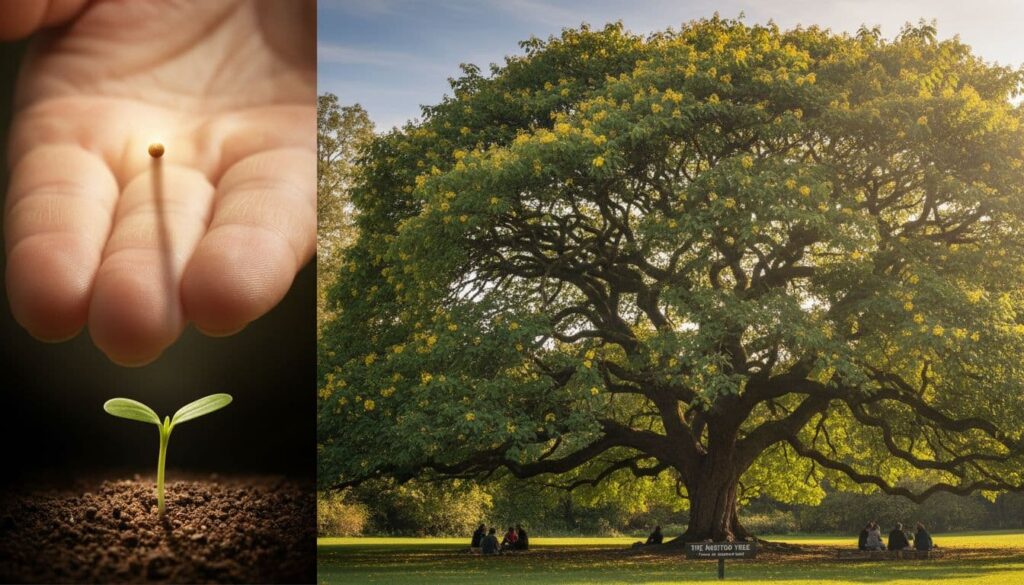 A tiny mustard seed, the smallest in the garden, grows into a massive tree.