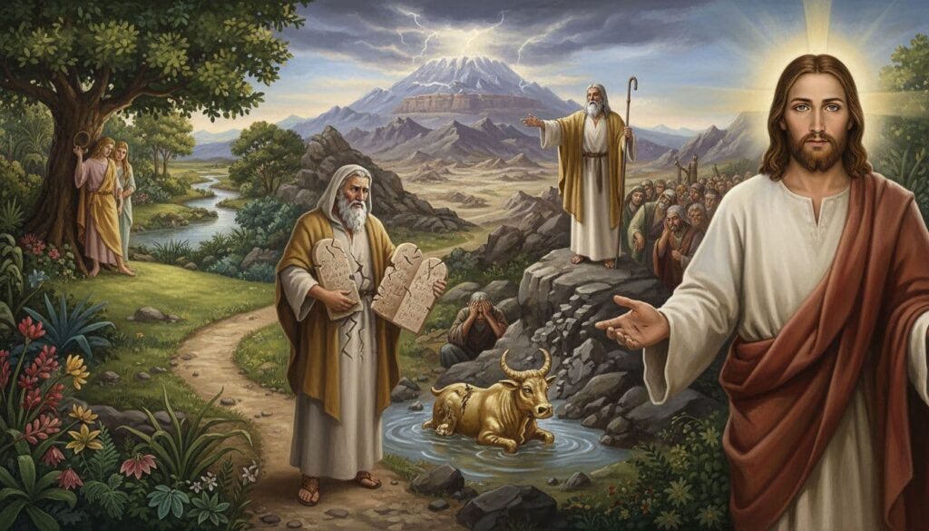 This image illustrates a biblical journey starting from the Garden of Eden, through Mount Sinai with Moses and the broken tablets, the golden calf incident, and ending with Jesus as the prophet like Moses.