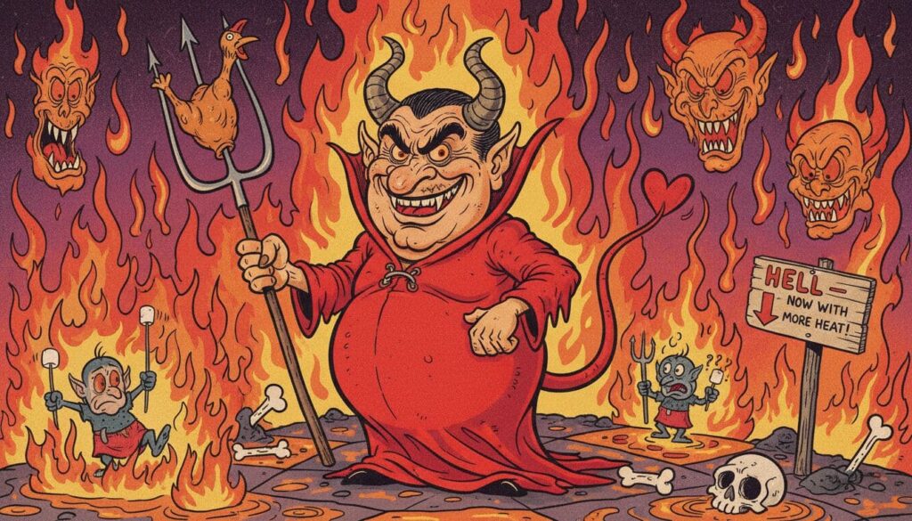 A humorous cartoon caricature featuring the devil wielding a pitchfork in a fiery hell setting.