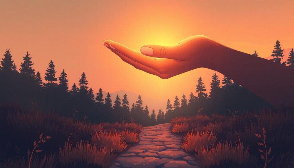A peaceful, warm-toned illustration of an open, glowing hand reaching down with soft light over a small path through wilderness, symbolizing God's caring guidance and power.