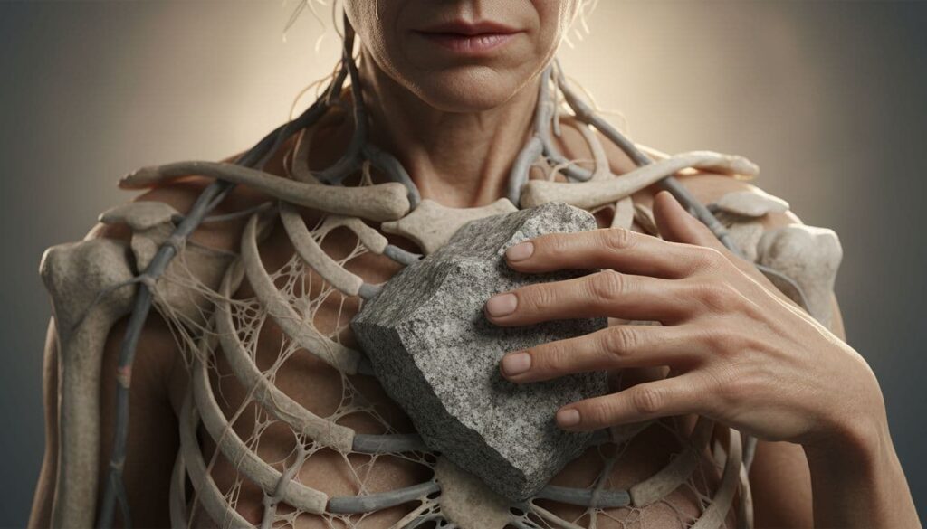 A symbolic depiction of a rock embedded in a person's chest where a beating heart should be, representing a unresponsive 'heart of stone' that God will remove and replace.