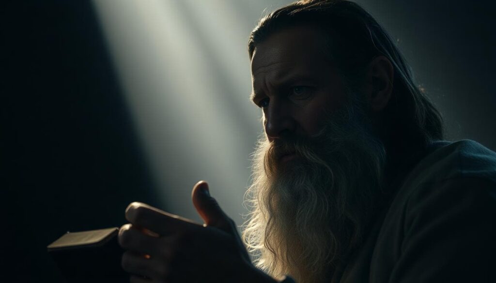 A photo-realistic depiction of Job complaining, questioning, and grieving while persistently talking to God and refusing to curse Him.