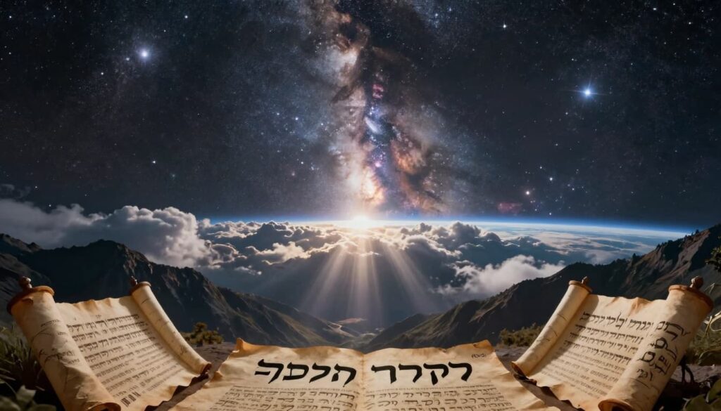 A majestic scene of stars and galaxies in the night sky with rays of light breaking through clouds over a mountain landscape, ancient Hebrew scrolls in the foreground, and deep space background featuring Earth from space.