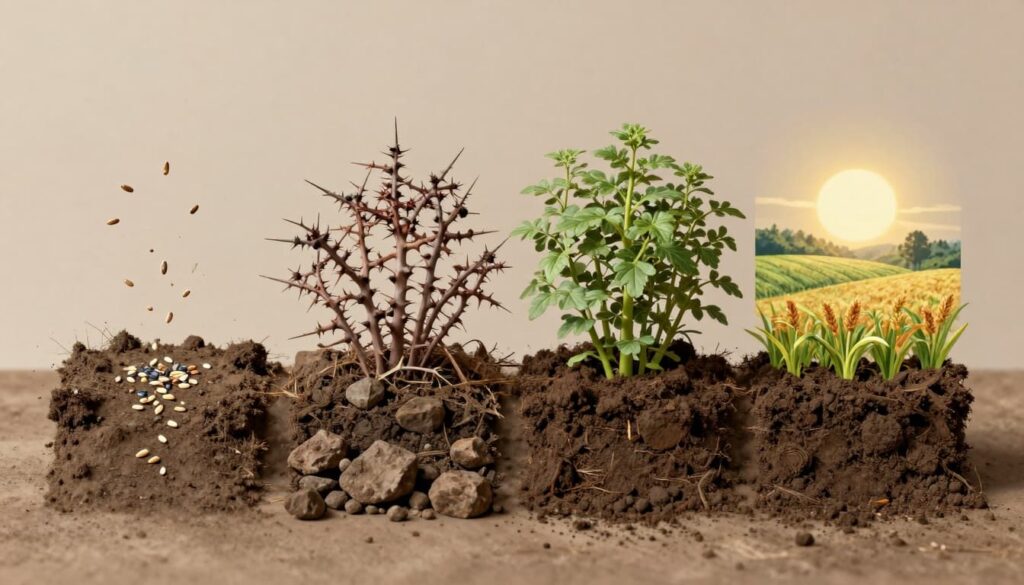 Split image depicting the biblical Parable of the Four Soils: path with birds eating seeds, rocky ground with wilting plants, thorny bushes choking plants, and good soil yielding a fruitful harvest in a sunny field landscape.