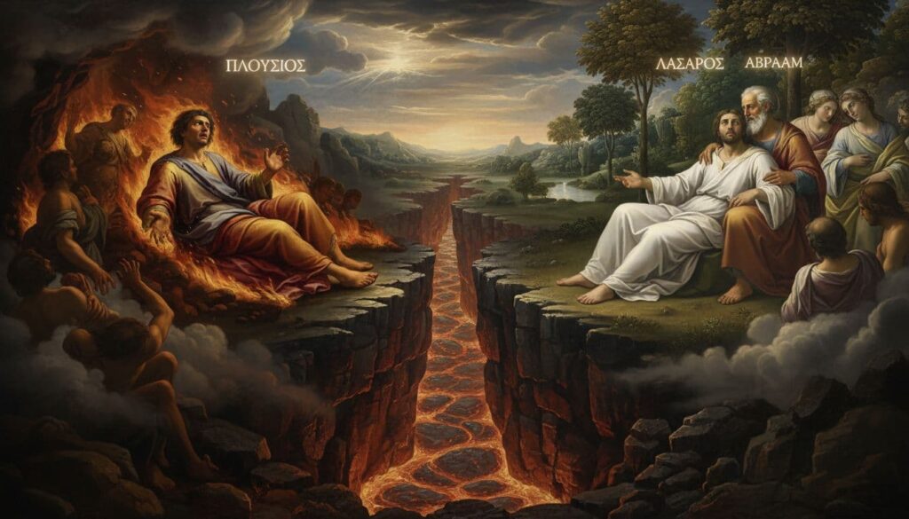 The rich man is in torment in Hades, while Lazarus is comforted at Abraham's side. There is a gulf between them, with both conscious before the final resurrection and judgment.