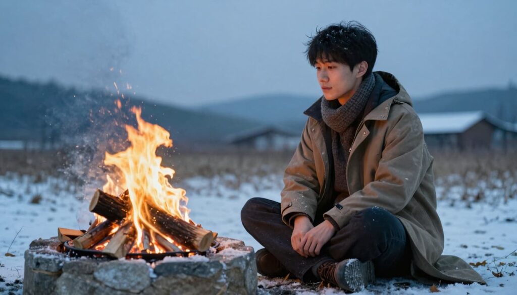 A person sits by a crackling campfire on a cold night, feeling the gentle heat warming their face amidst the chilly darkness.
