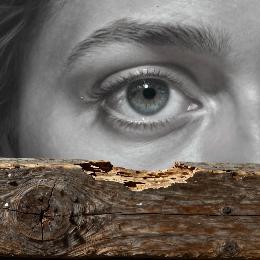 Close-up symbolic biblical illustration featuring a large splintered wooden beam in the foreground and a faint eye with a tiny speck of dust in the background, rendered realistically in Caravaggio style with dramatic lighting and moody shadows emphasizing hypocrisy.