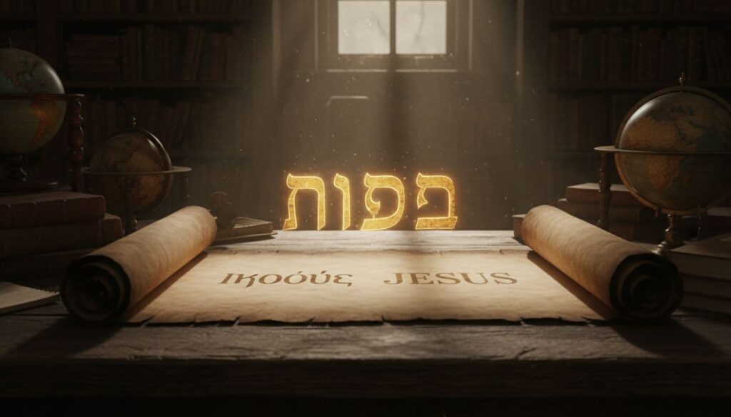An unrolled ancient parchment scroll on a wooden table in a dimly lit library displays the Hebrew Yeshua in glowing golden script, with Greek Iesous and English Jesus in faded ink, highlighted by rays of light.