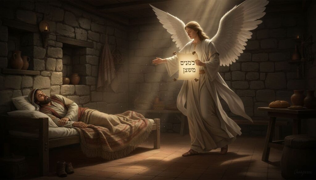 A detailed Biblical scene of an angel appearing to Joseph in a dream, announcing the child's name as Jesus, with soft glowing light illuminating Joseph's wonderstruck face in an ancient Jewish home.