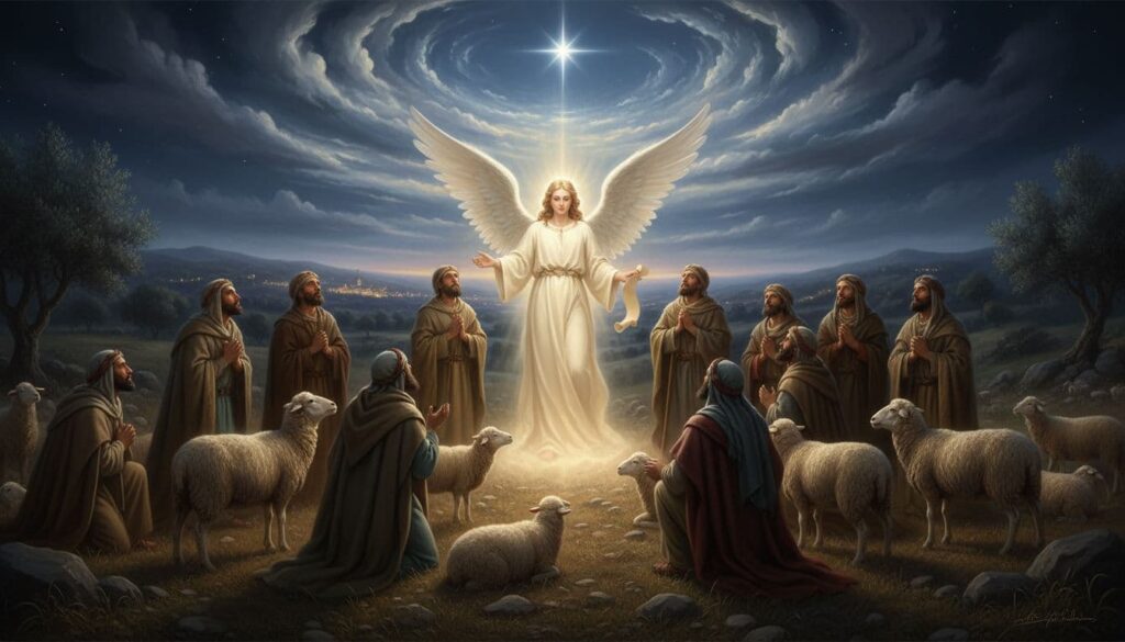 A nighttime scene in ancient Bethlehem fields where shepherds gather around a bright angelic figure announcing the birth, with heavenly glory illuminating awestruck shepherds and sheep amid distant city lights.