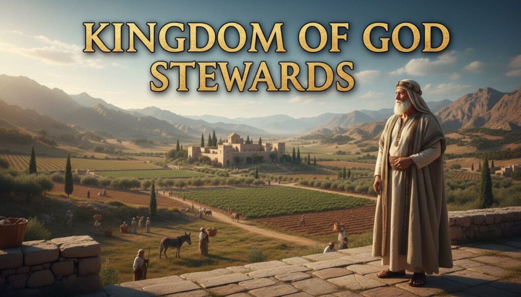 An ancient household steward oversees an estate, illustrating the principles of Biblical stewardship. Bold, standout title text reads 'Kingdom Of God Stewards'.