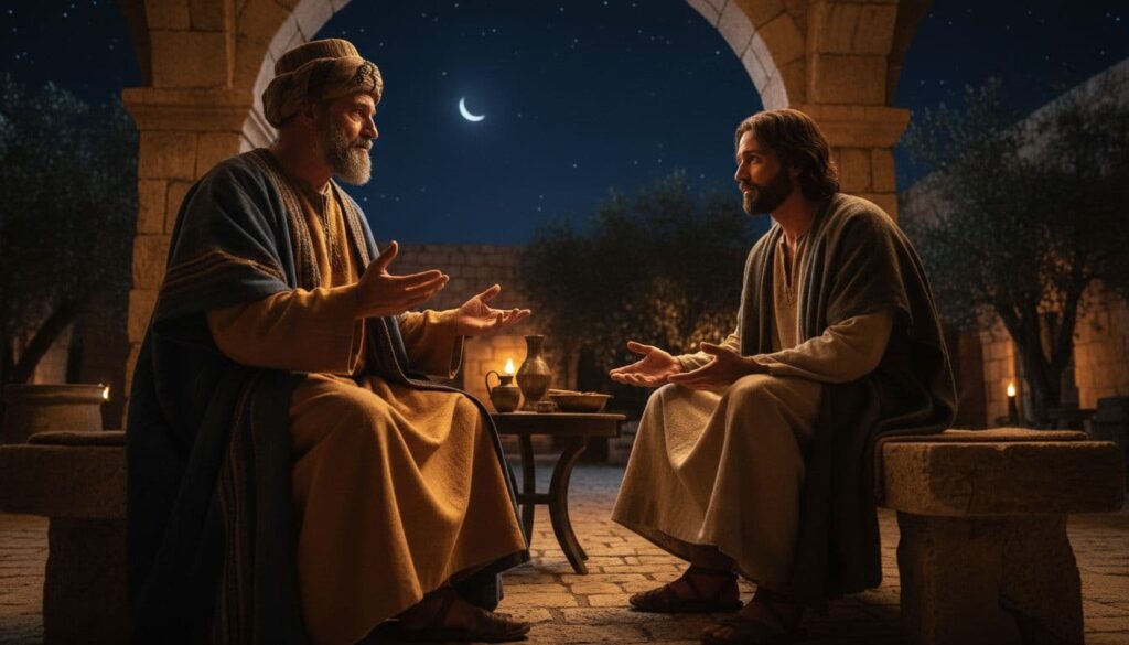 Nicodemus, a respected teacher of Israel, approaches Jesus respectfully at night as recounted in John 3 of the Bible.