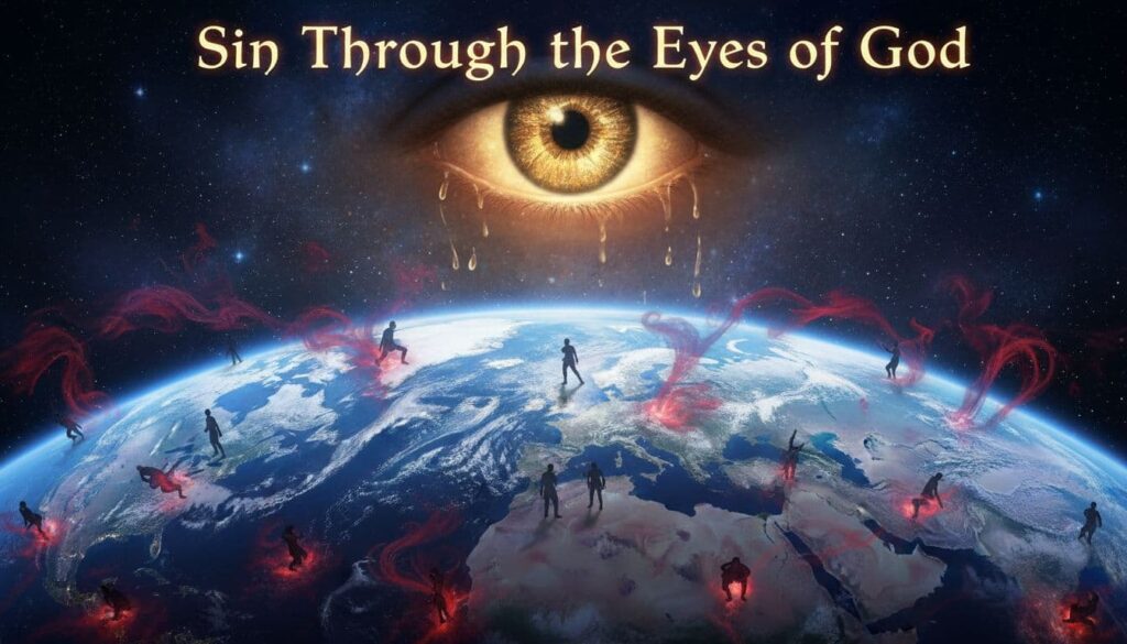 A divine perspective looking down on Earth, where people are engaged in various sins across the globe. The scene captures the title text 'Sin Through the Eyes of God'.