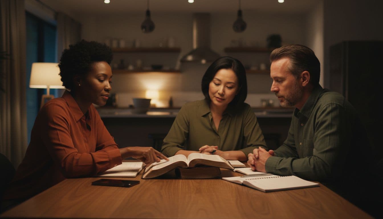 Three diverse middle-aged Christians, two women and one man, seated closely around a wooden kitchen table at evening, studying an open Bible with notebooks nearby, peaceful expressions under warm lamp light.