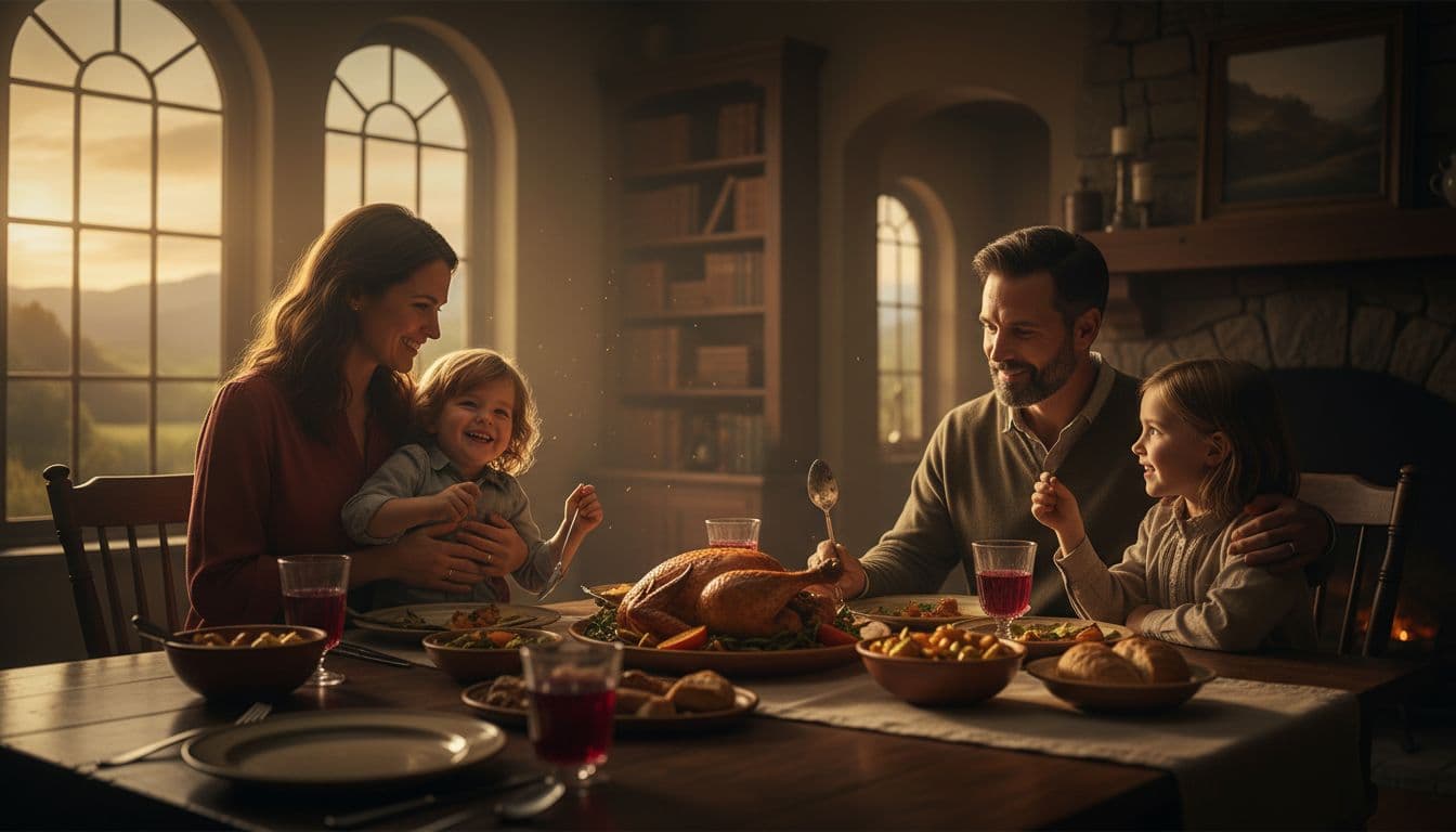 A family of four shares a meal around the dinner table with warm expressions of love and kindness, one parent hugging a child in soft evening light.