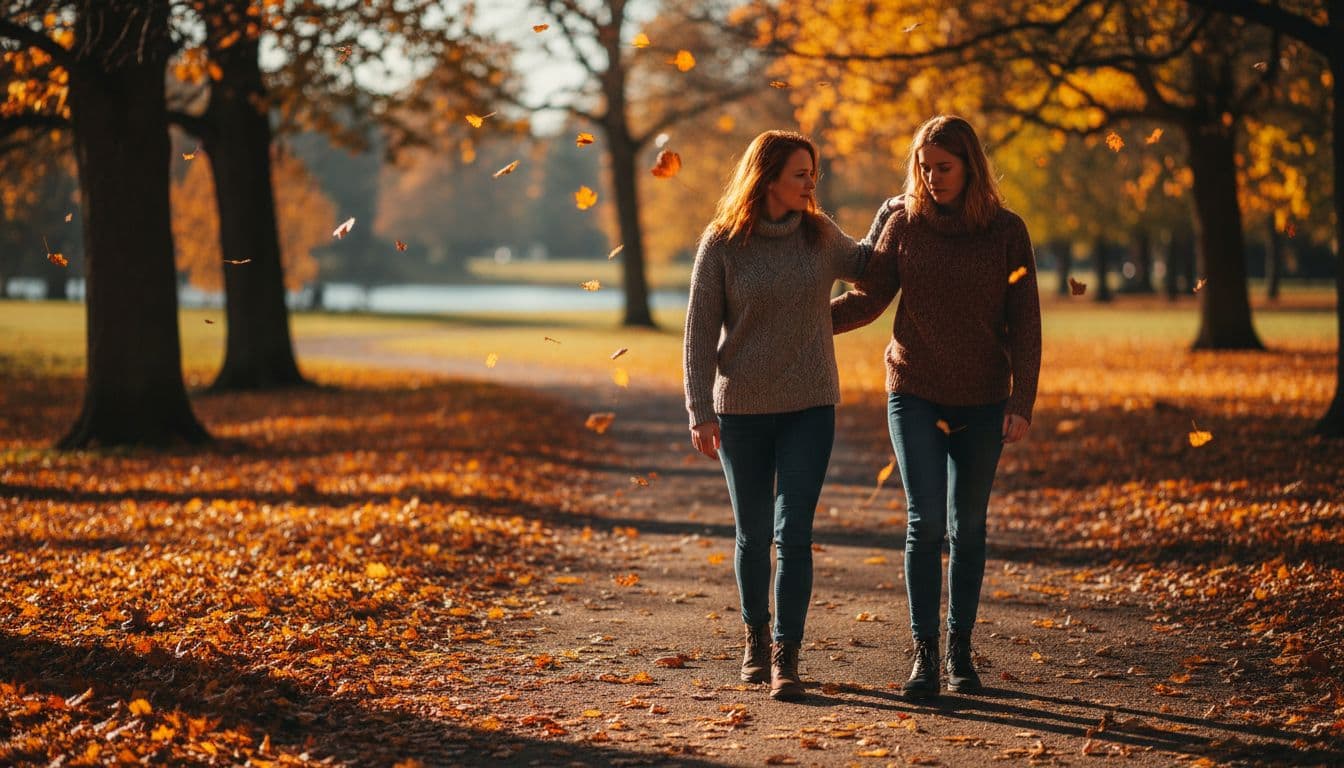 Two friends walking in a park, one comforting the other with a gentle hand on the shoulder, surrounded by falling autumn leaves and warm sunlight in a cinematic style.