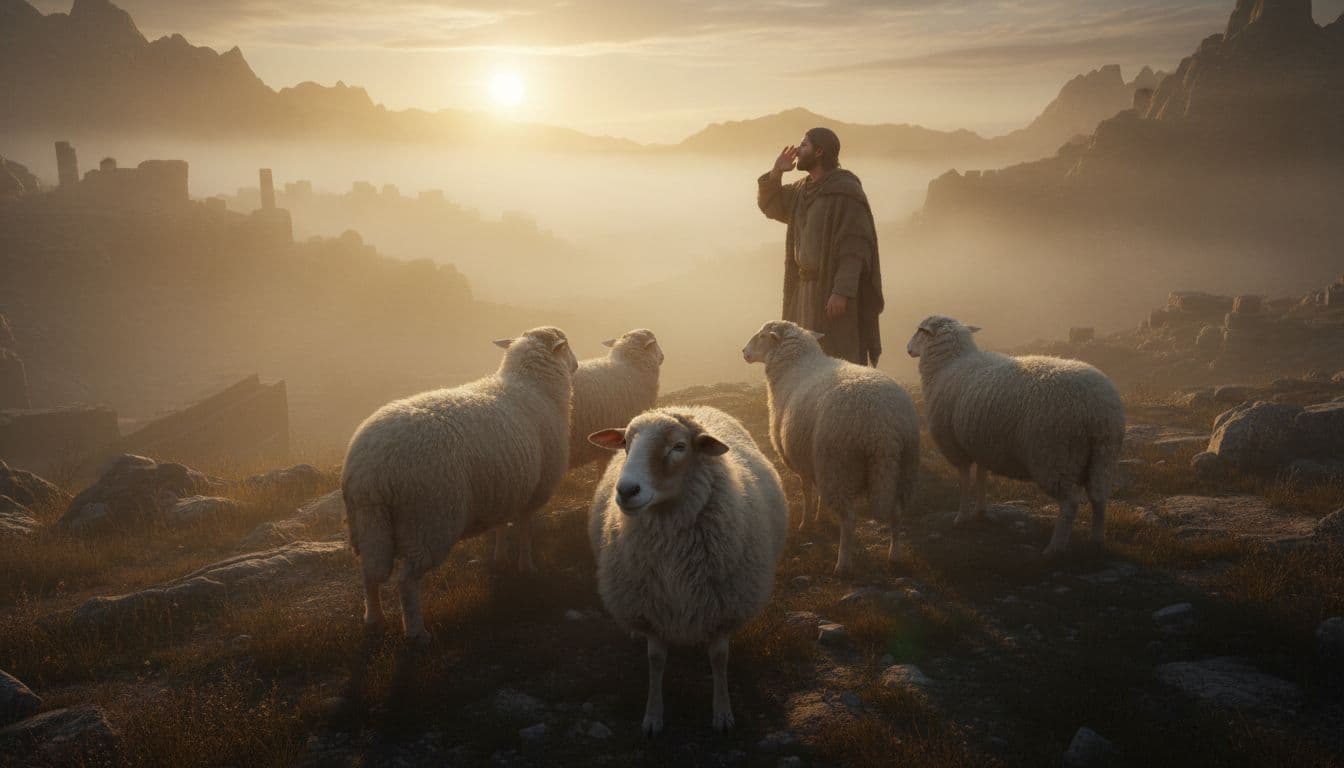 A shepherd stands on a misty ancient hillside at dawn, calling to his small flock of five attentive sheep with one in the foreground, in cinematic style featuring strong contrast, depth, dramatic golden lighting, and long shadows.