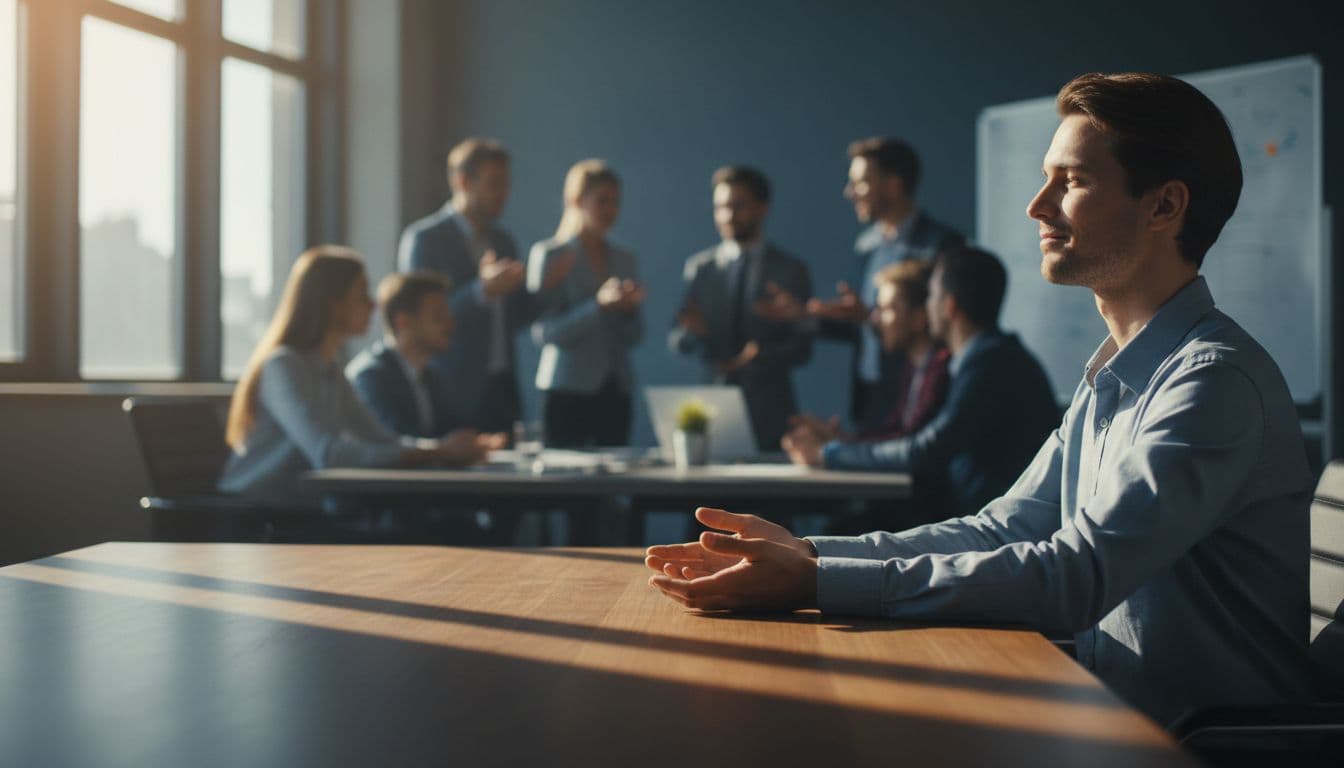 A person sits calmly smiling in a busy office while colleagues argue nearby, with relaxed hands on desk, soft natural light, and cinematic style featuring strong contrast and dramatic lighting.