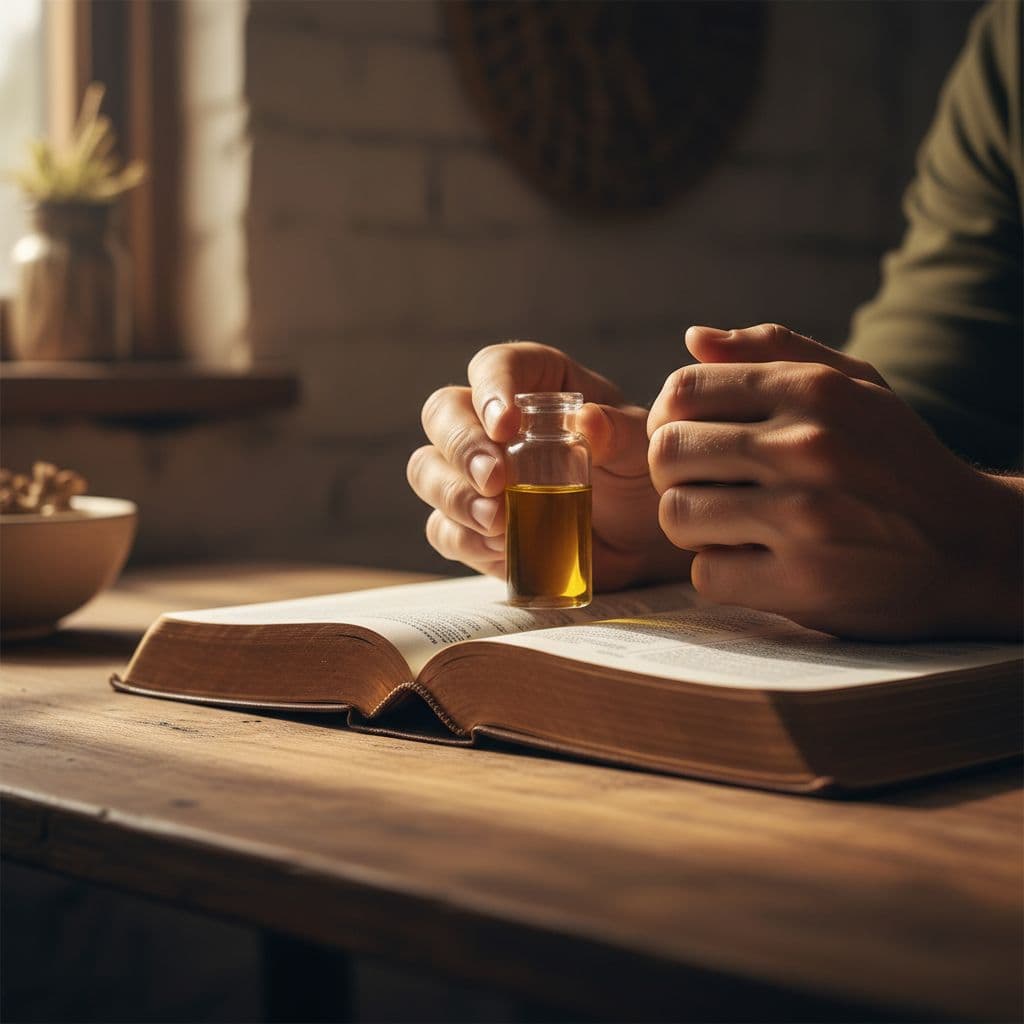 Close view of two praying hands holding a small clear glass vial of golden olive oil over an open Bible on a wooden table, bathed in soft morning light with a rustic cinematic style.