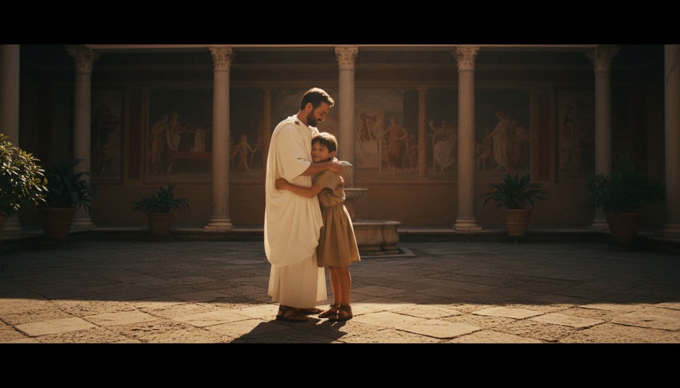 A tender moment of a father embracing his young child in a sunlit ancient Roman villa courtyard, bathed in warm golden hour light with long shadows and cinematic depth.