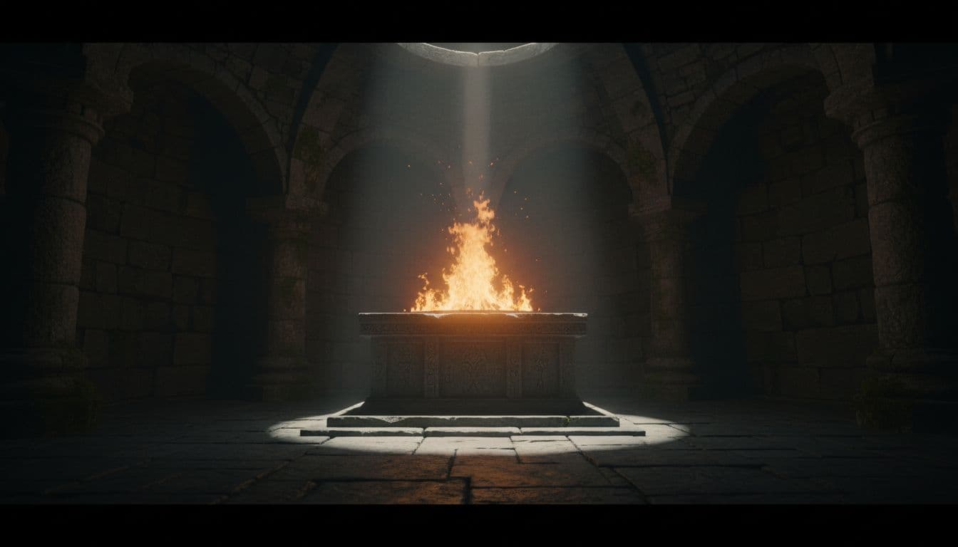 Vibrant eternal flame burns steadily on an ancient stone altar in a dimly lit chamber, symbolizing the Holy Spirit's unquenchable fire from 1 Thessalonians 5:19. Cinematic style features strong contrast, depth, and dramatic overhead lighting casting long shadows.