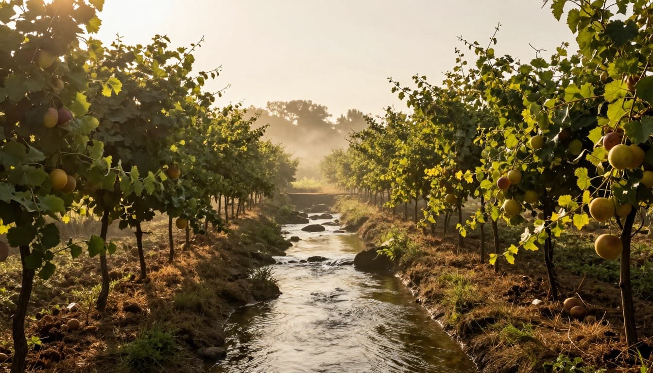Fresh fruit grows abundantly on a vine beside a flowing stream in a vibrant garden at dawn, symbolizing spiritual fruitfulness from living water.