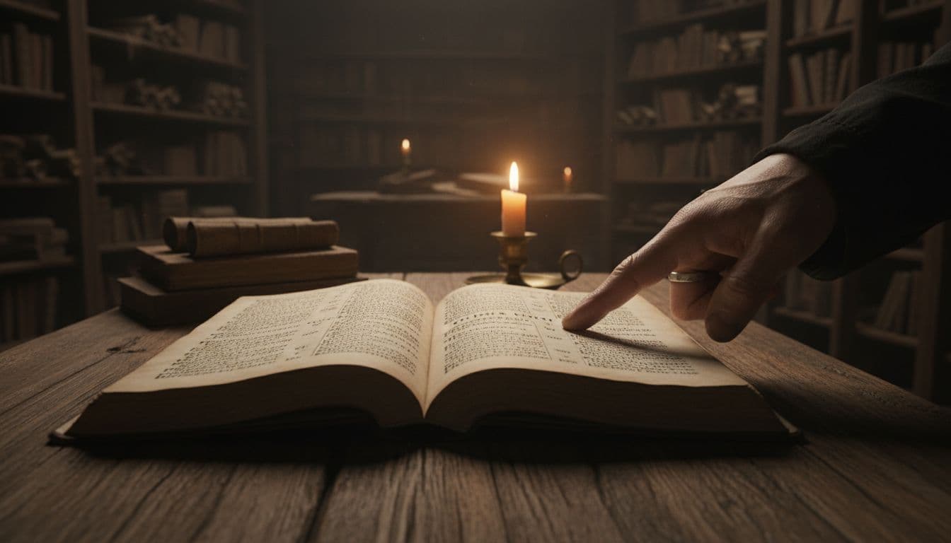 Open ancient Bible on rustic wooden table in dim study room, hand points to Galatians 3:5 under candlelight.