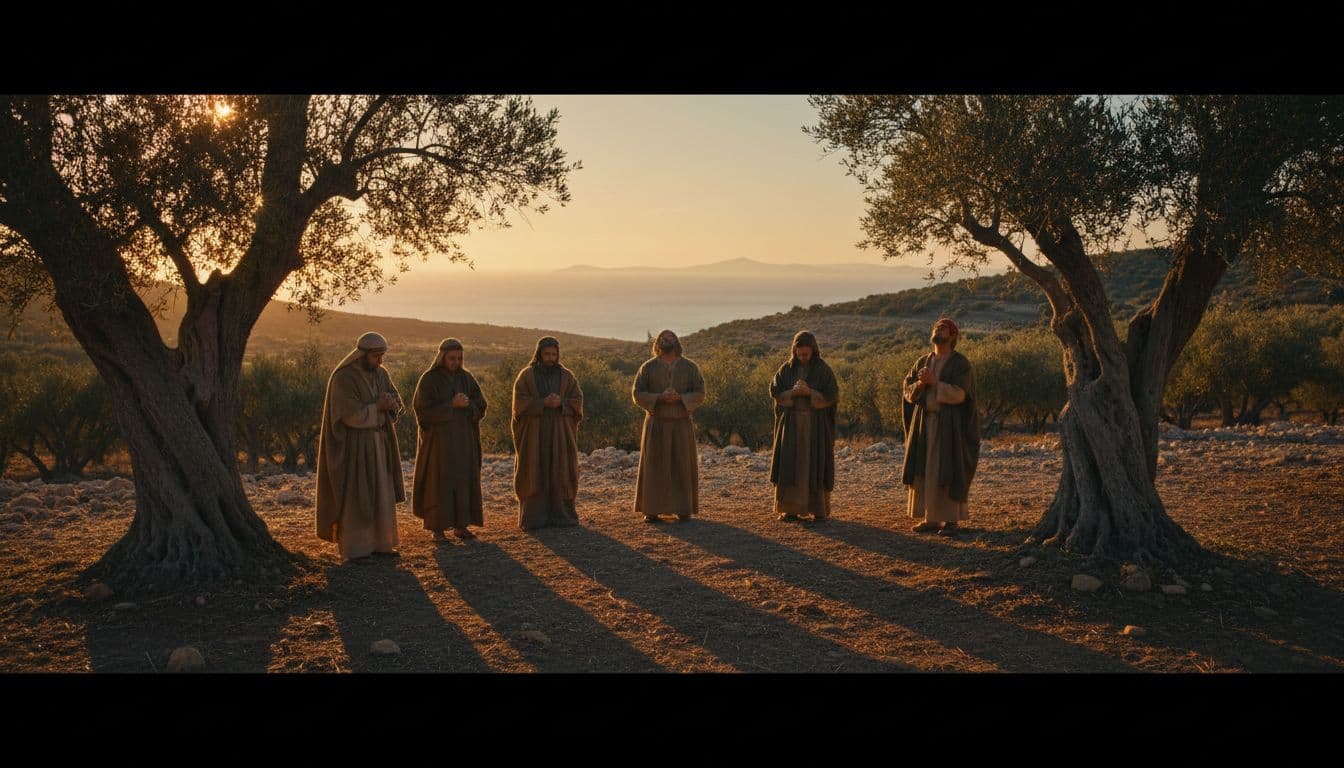 Five early Christians pray in loose circle amid olive trees and sea under warm sunset light.