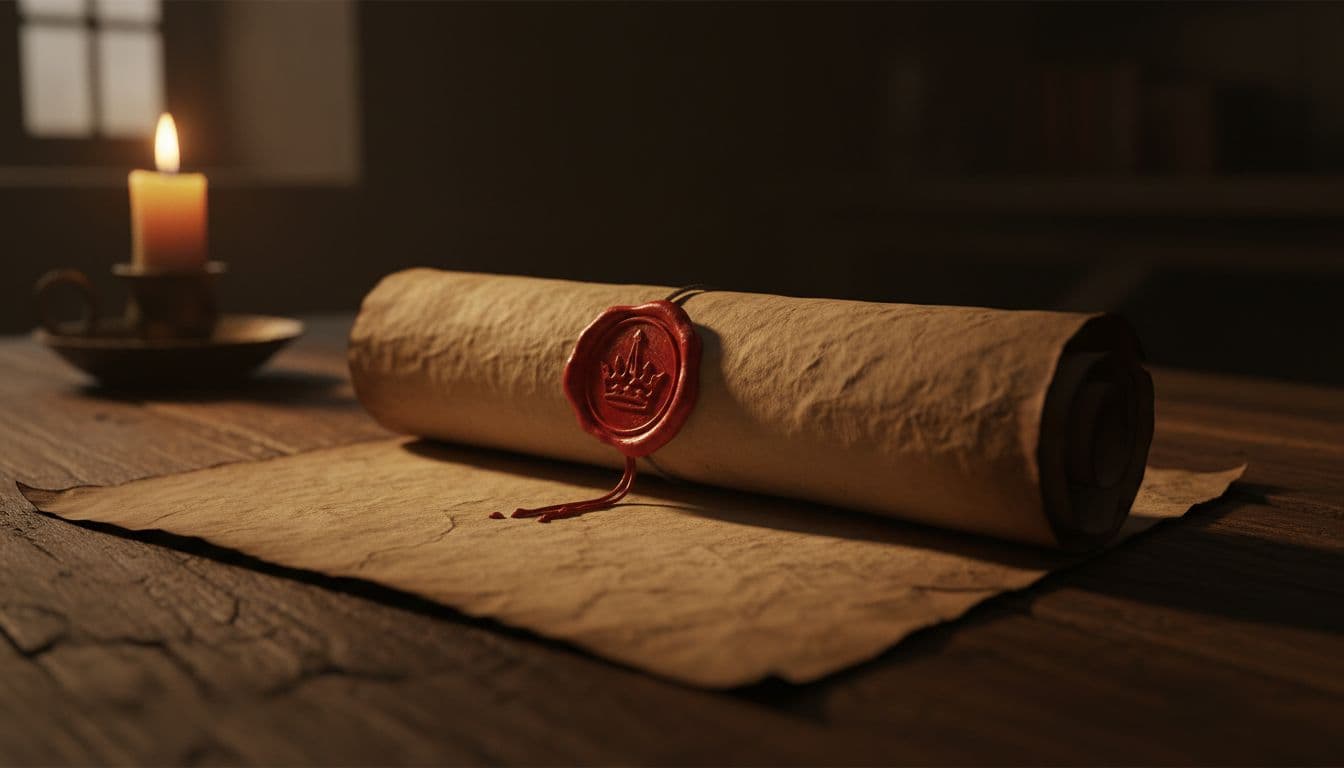 Ancient parchment scroll partially unrolled on a wooden table in a dimly lit study, sealed with a red wax seal bearing a simple royal emblem. Soft candlelight creates strong shadows and high contrast, emphasizing detailed textures in cinematic style.