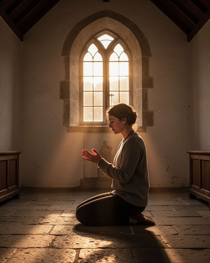 A believer kneels on stone floor in softly lit chapel at dawn, golden sunlight highlighting peaceful face.