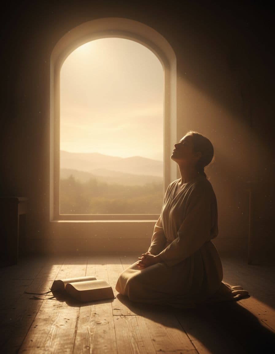 A solitary believer kneels in quiet prayer inside a simple room bathed in soft morning light from a large window, with an open Bible resting on the floor nearby, hands gently folded, expressing peaceful dependence on the Holy Spirit.