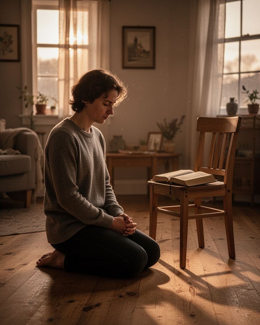 A single believer kneels in earnest prayer on a wooden floor in a cozy sunlit home room at dawn, Bible open on a nearby chair, hands relaxed in lap, focused expression, cinematic style with warm soft tones.