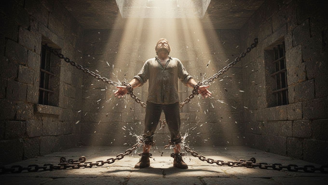 Chains break around a person's wrists and ankles in a dimly lit stone cell as light beams pierce from above.