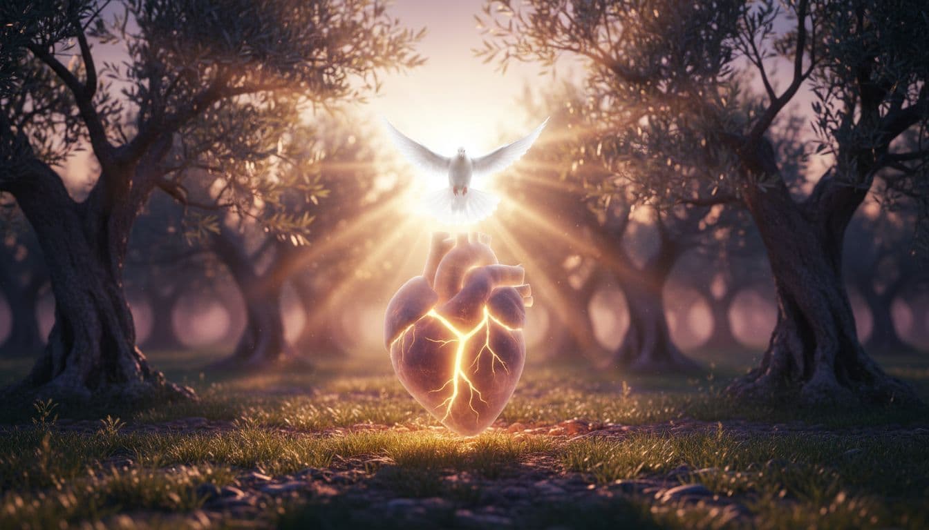 Cracked stone heart pouring golden light with white dove descending above in olive grove at dawn.