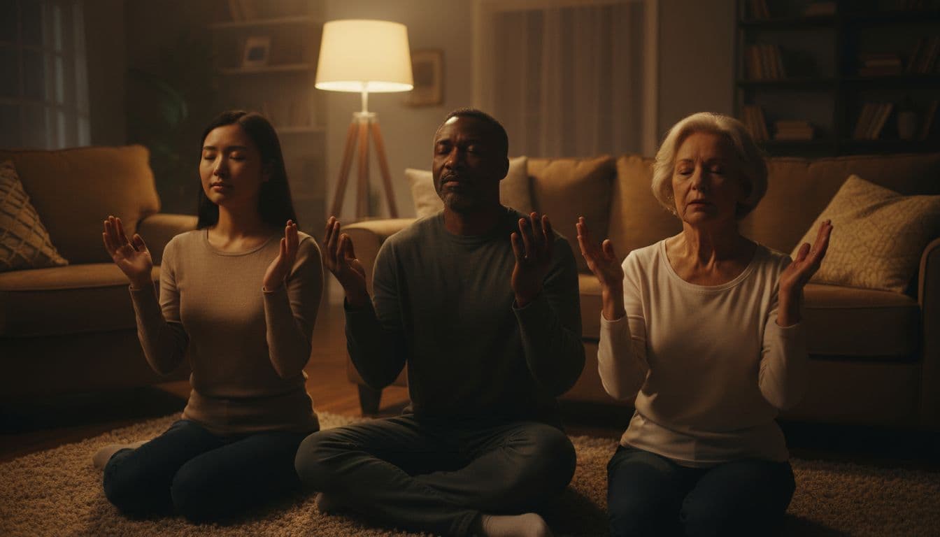 Small group of three diverse Christians gathered in a cozy living room during evening prayer, hands gently raised in worship, soft warm glow from a single lamp illuminating their peaceful faces.