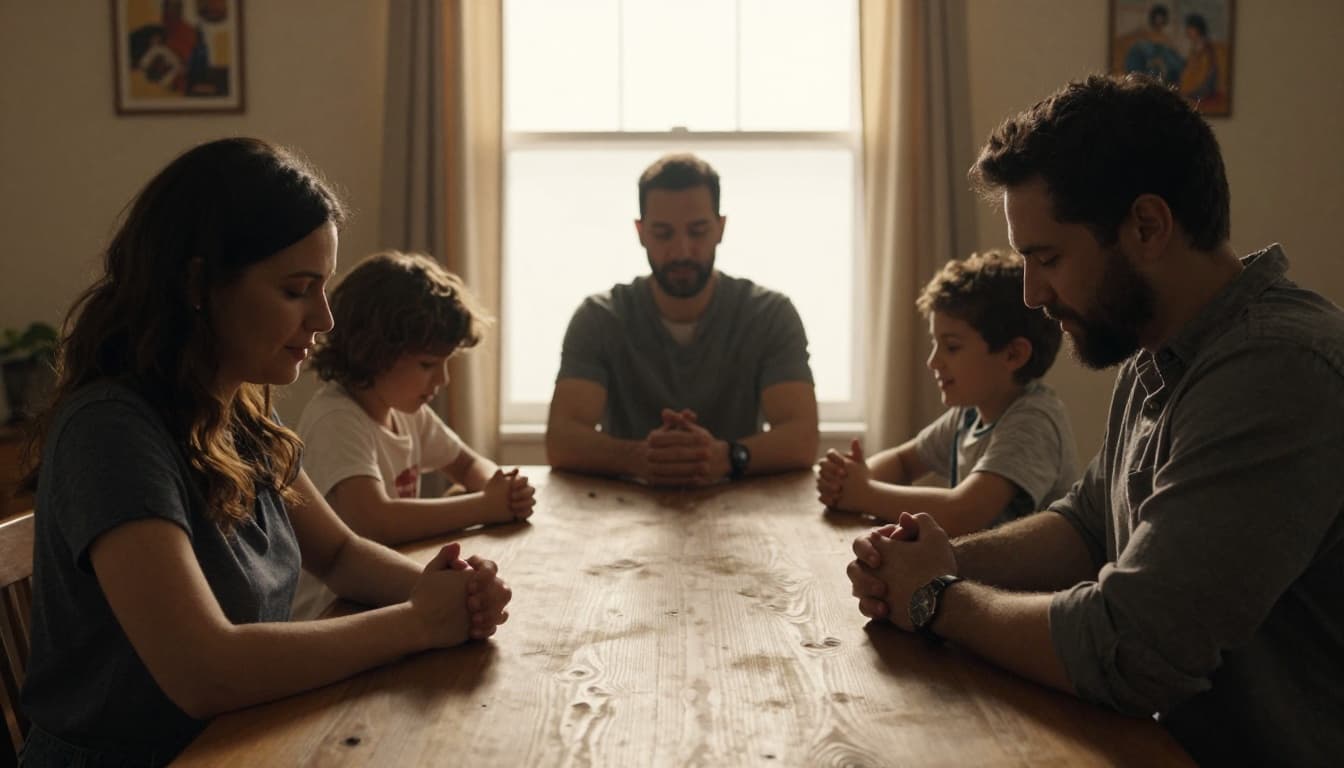 A diverse family of four&mdash;two adults and two children&mdash;gathered around a table in a warm home, hands clasped in prayer with joyful expressions and soft heavenly light streaming through the window. Cinematic style featuring earthy tones, high contrast shadows, depth, and dramatic lighting, free of distractions, text, or watermarks.