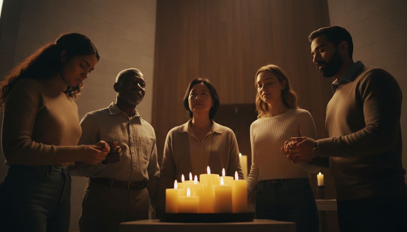 Six diverse people in prayer circle under warm candlelight, faces showing awe.