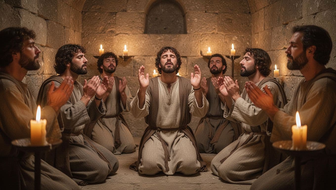 A group of early Christians gathered in a dimly lit ancient room, kneeling in fervent prayer with hands raised, illuminated by warm candlelight casting dramatic shadows on their devoted faces.
