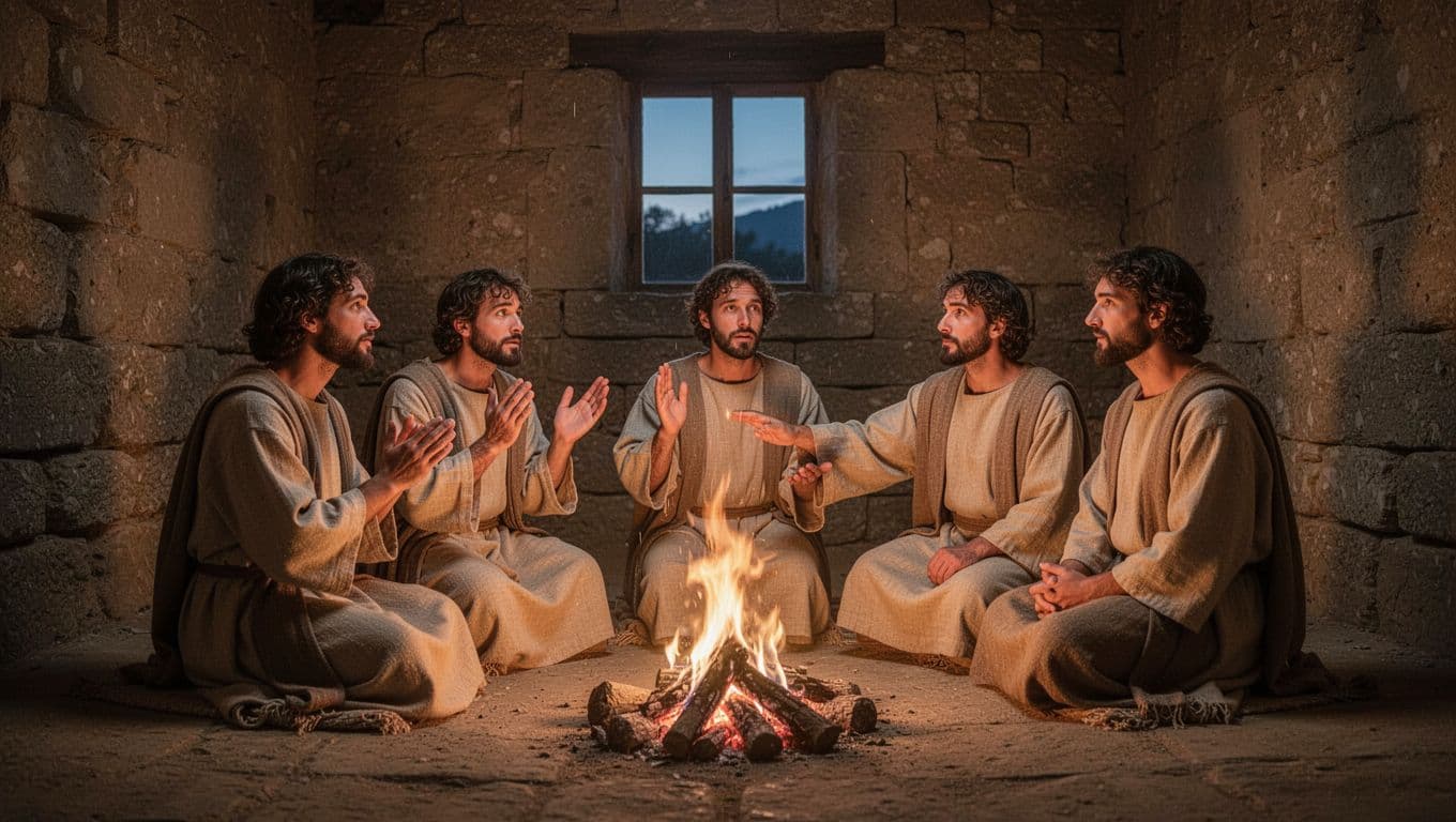 Five early Christians in firelit house church at dusk, one receives healing touch with hands raised, awe on faces.