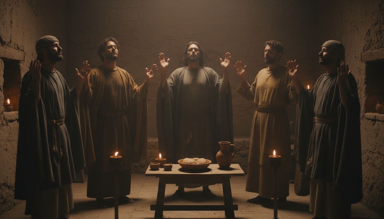 Five early Christians in a simple Antioch church room raise hands in prayer, lit by oil lamps.
