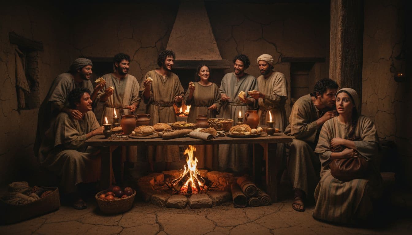 Ten robed believers share bread and possessions at a wooden table in a dimly lit ancient house; a couple whispers secretly with a bag of coins in the corner.