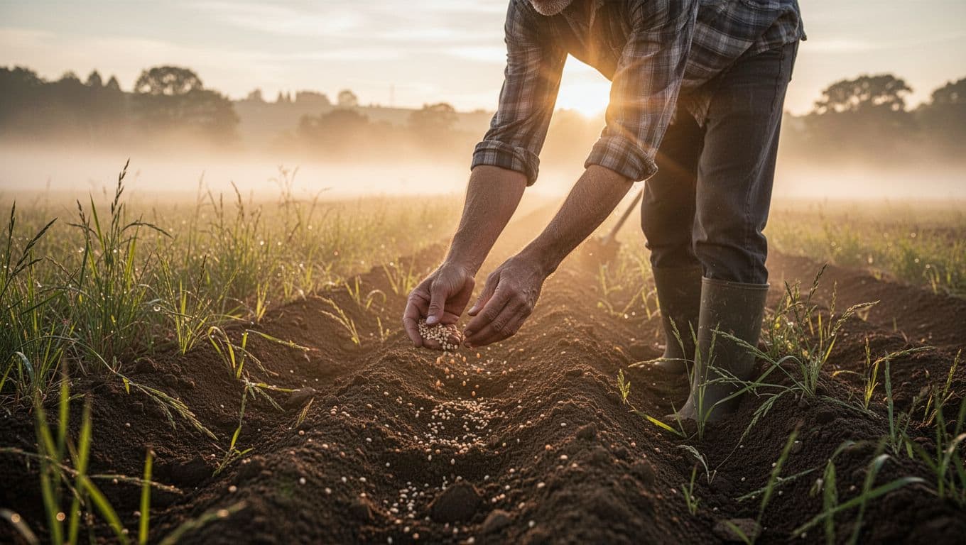 A serene field at dawn features a lone farmer sowing seeds by hand into rich soil, with golden light piercing through mist in a cinematic style emphasizing strong contrast and dramatic lighting.